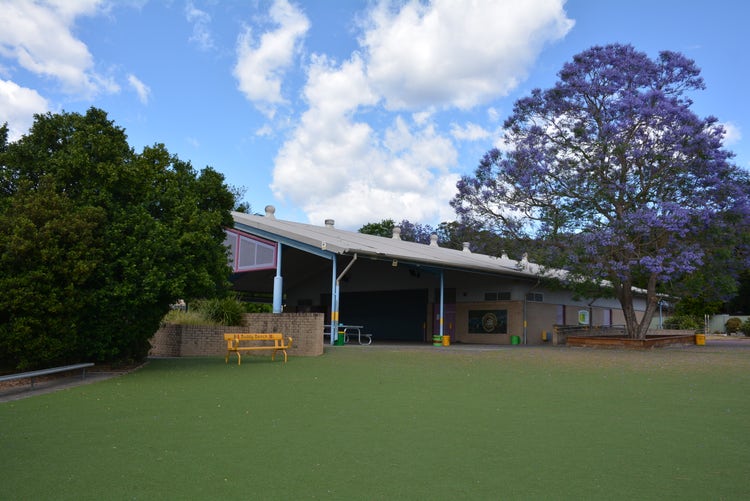 looking at hall from grass area with purple jacaranda tree